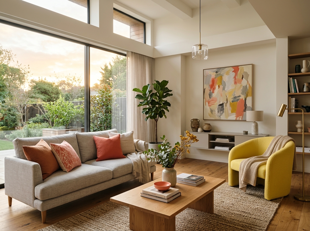 Korallin ja keltaisen sävyinen olohuone