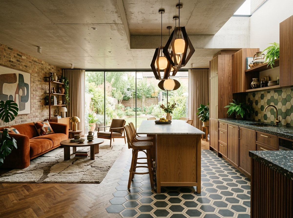 Geometrinen retro-sisustus