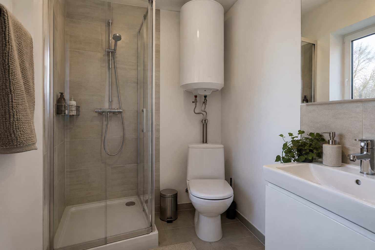 Water heater in a small apartment bathroom