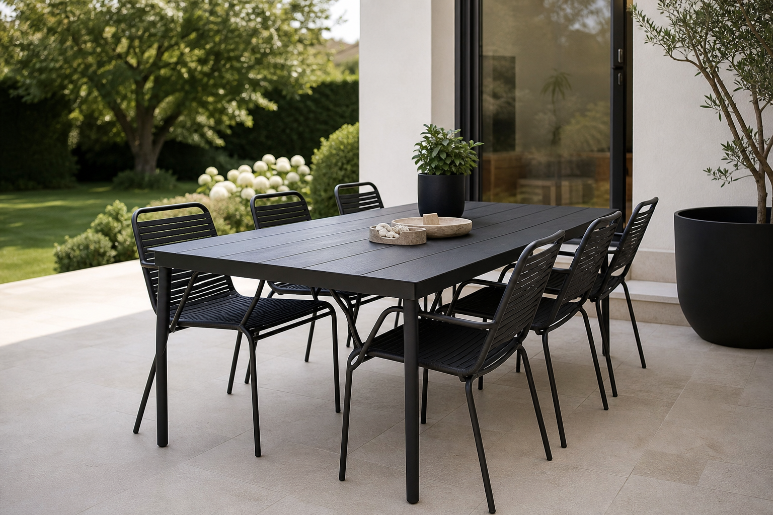 Black furniture on a terrace