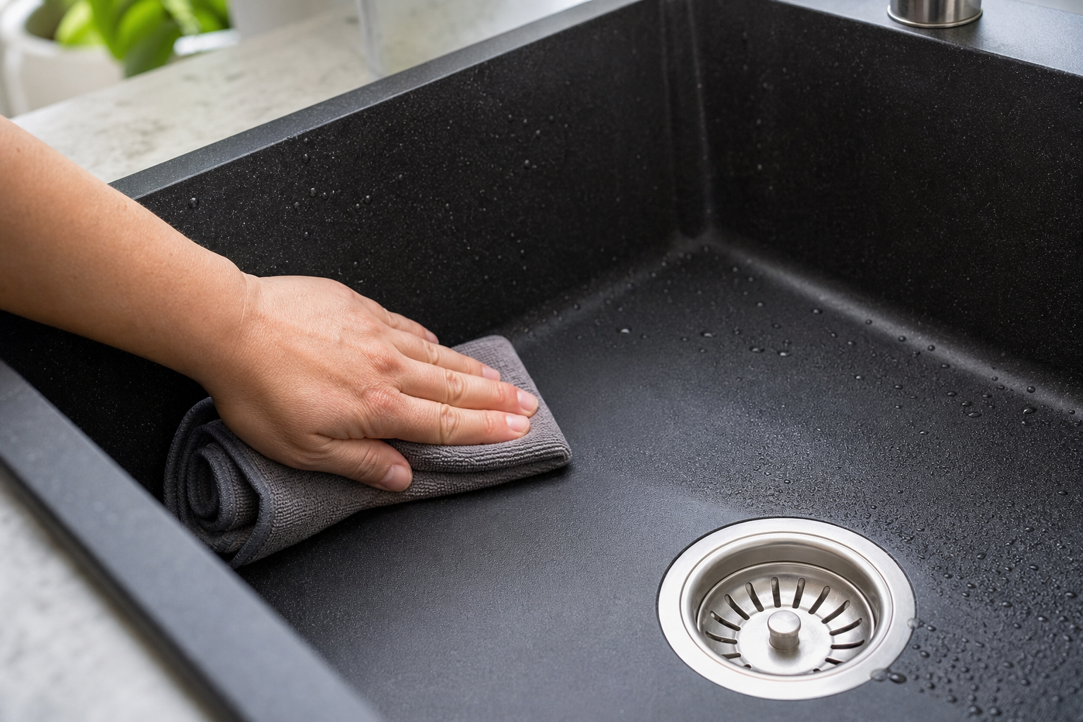 Drying a sink with a cloth