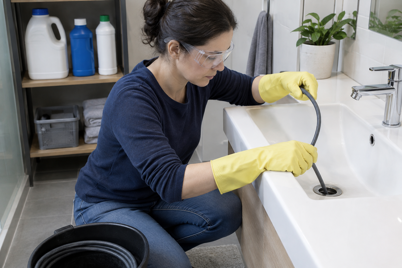 Safe drain cleaning with protective gear