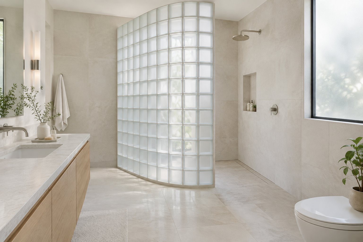Curved glass block shower wall