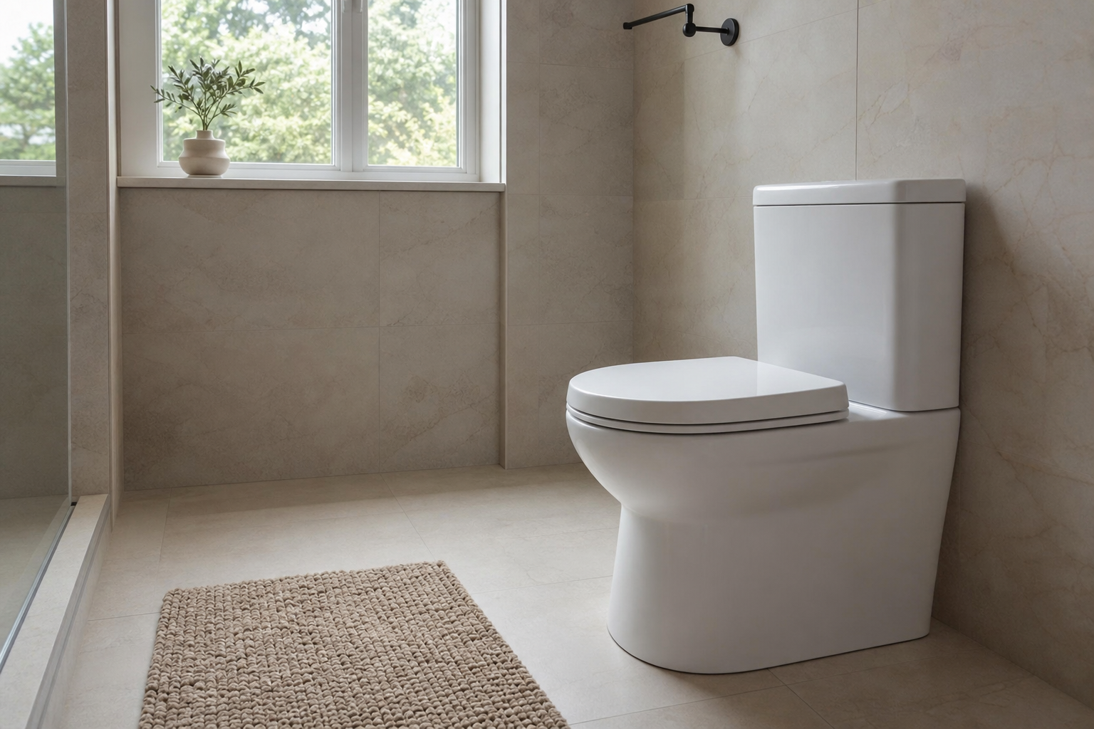 Floor-mounted toilet in a bathroom