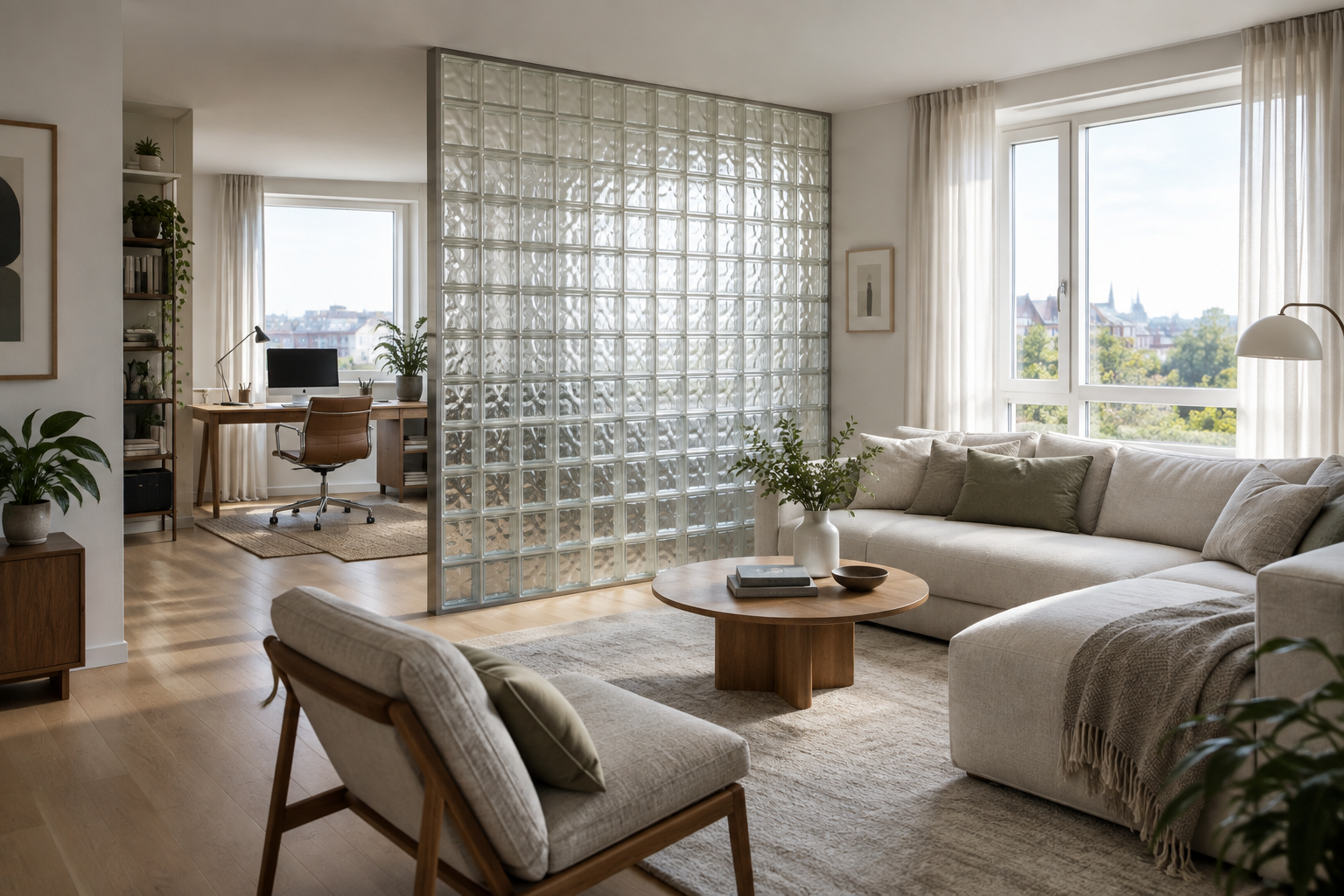 Bright home office glass block partition