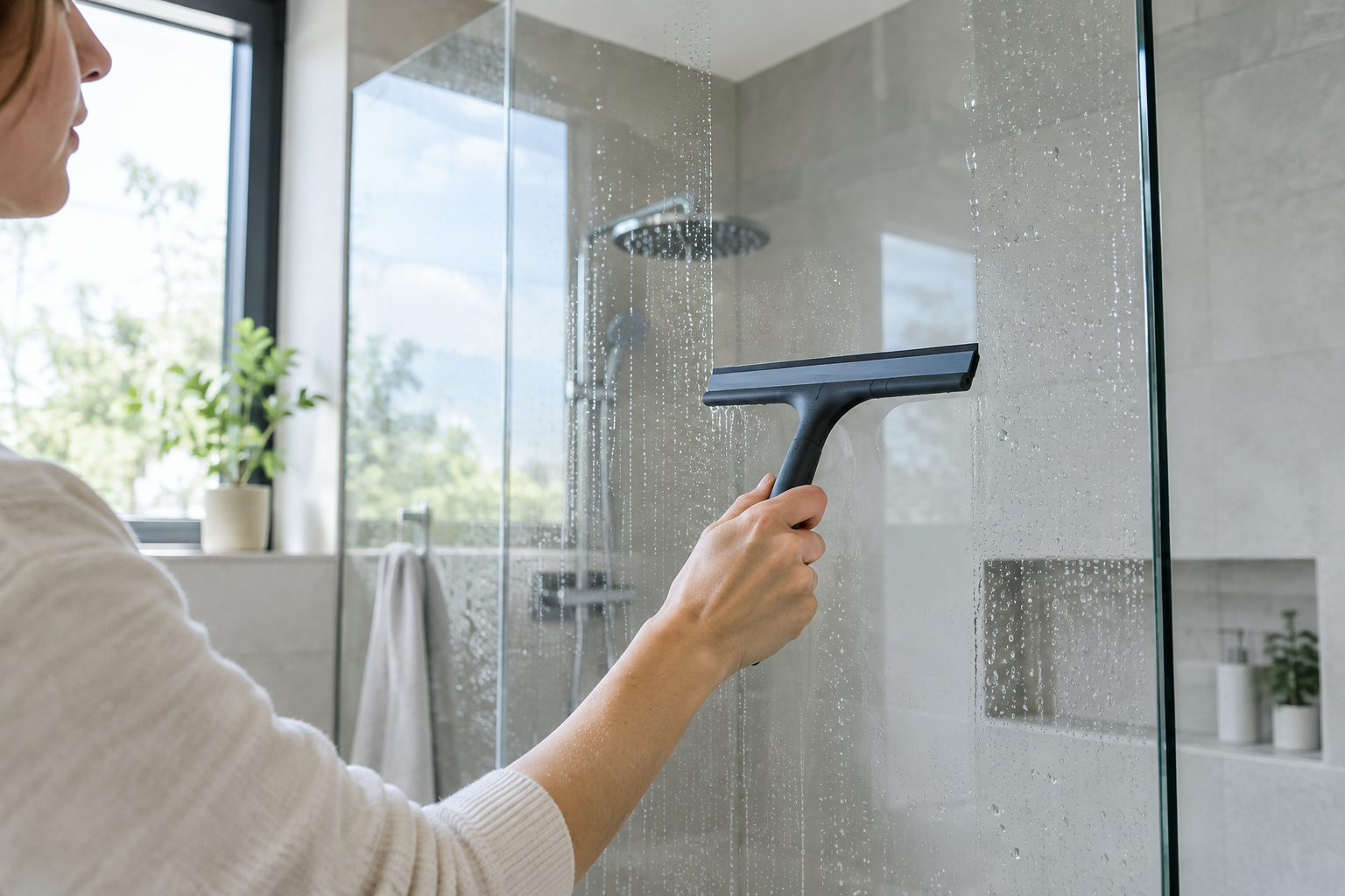 Drying shower glass with a squeegee