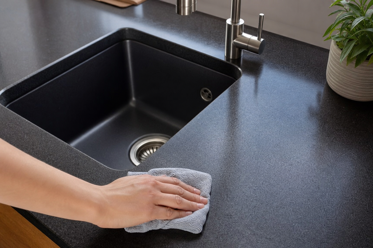 Polished shiny granite sink