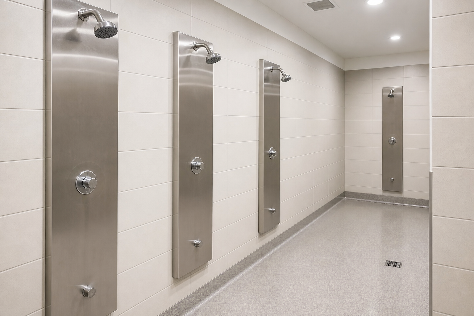 Stainless steel shower panels in a locker room