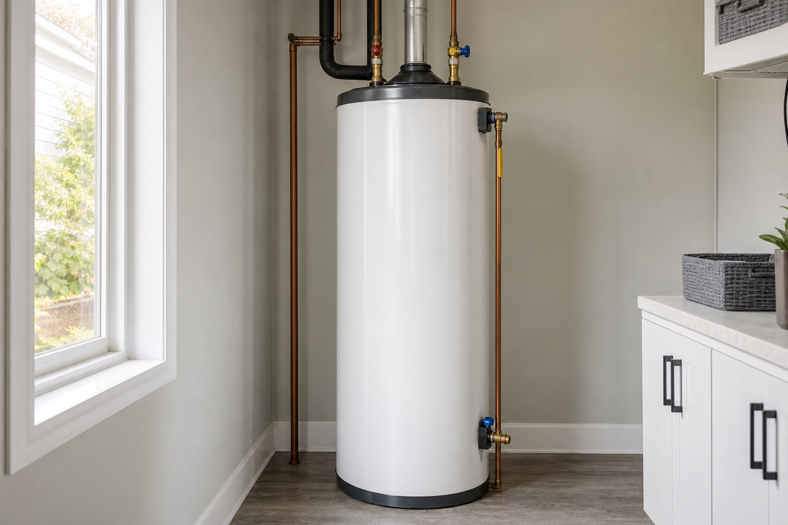 Storage water heater in a home utility room